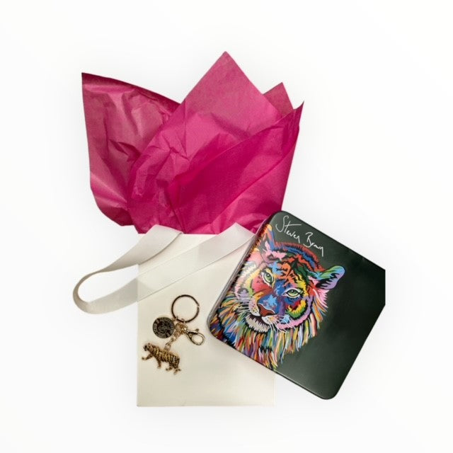Tiger Keyring and Fudge Tin Gift Bag