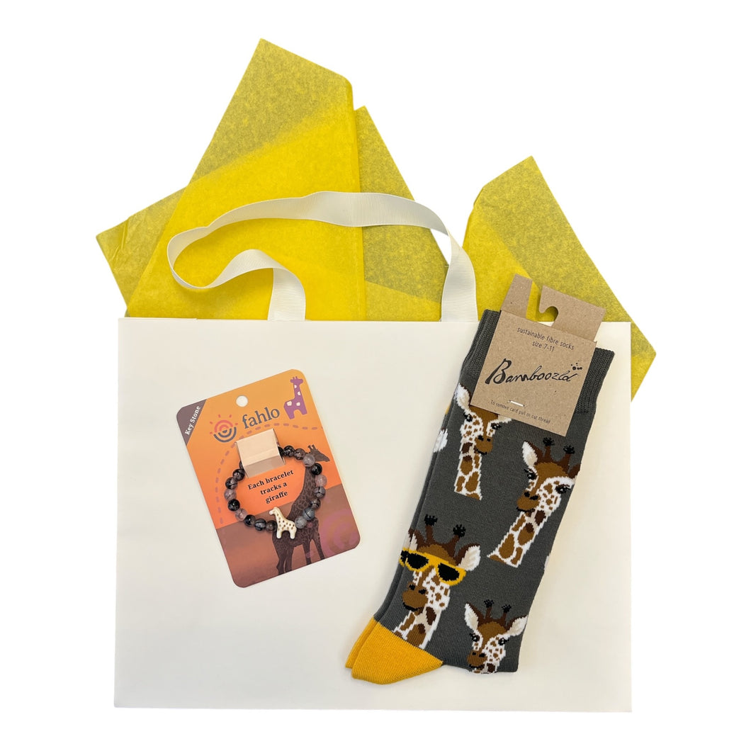 Giraffe Tracking Bracelet and Socks Gift Bag