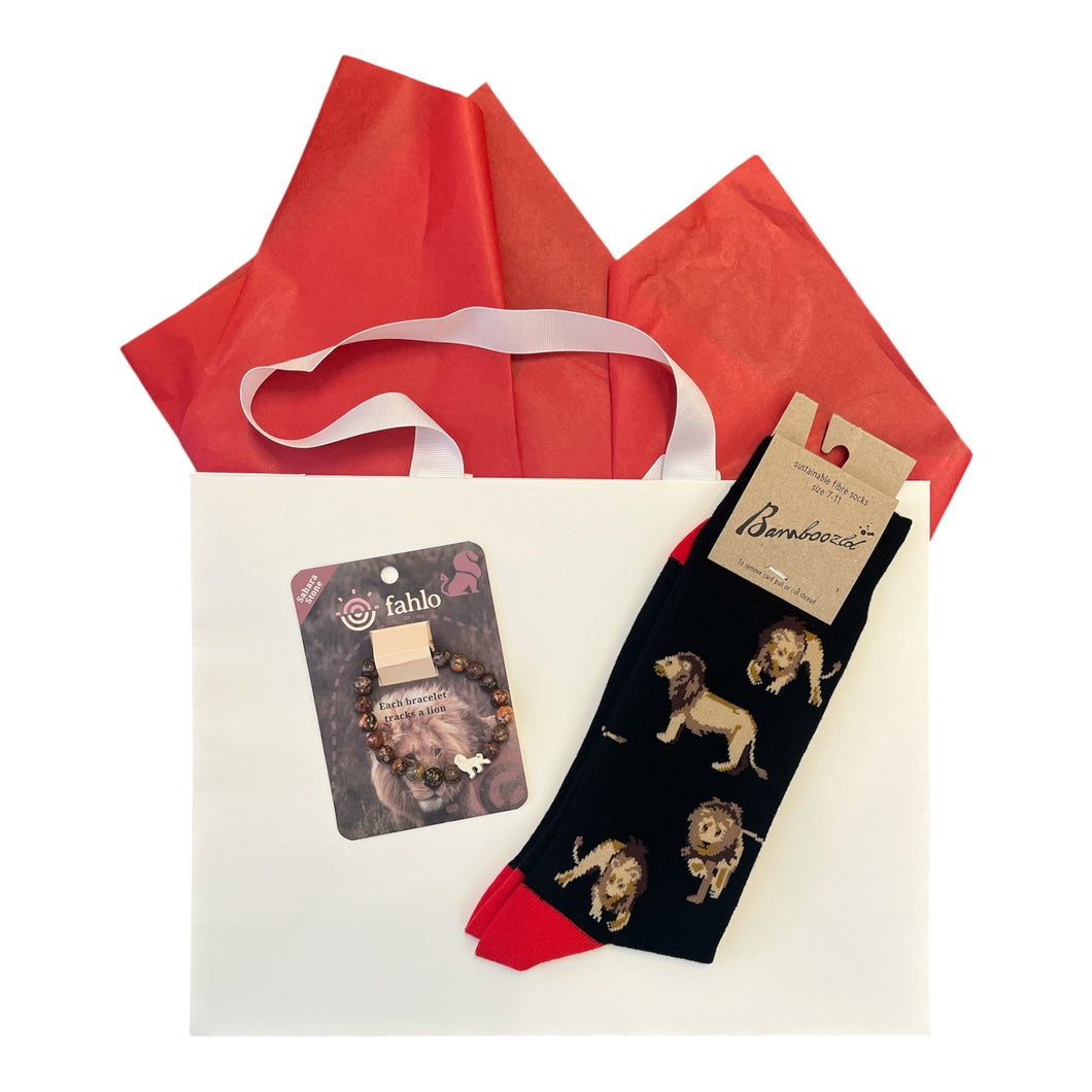 Lion Tracking Bracelet and Socks Gift Bag